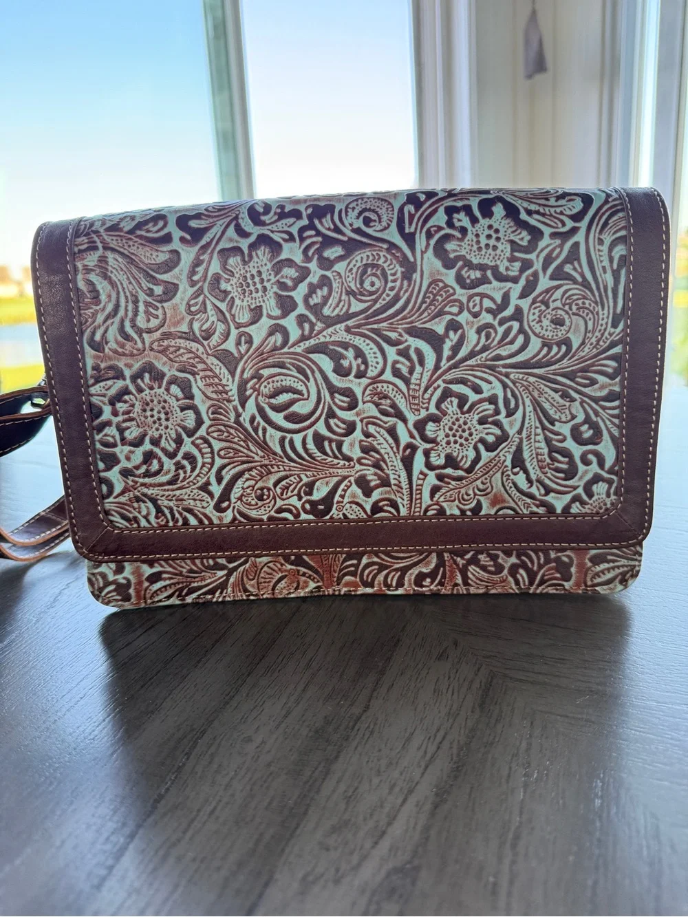 Tooled Leather Crossbody Bag in Turquoise and Brown Floral